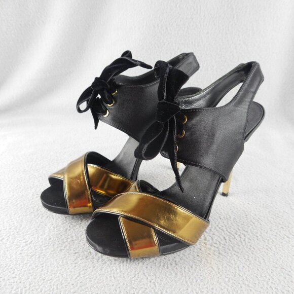 Tory Burch "Kyle" Lace-Up Open Toe Sandal Black/Gold New $475 Wom 9 M s-9247 - Picture 4 of 10